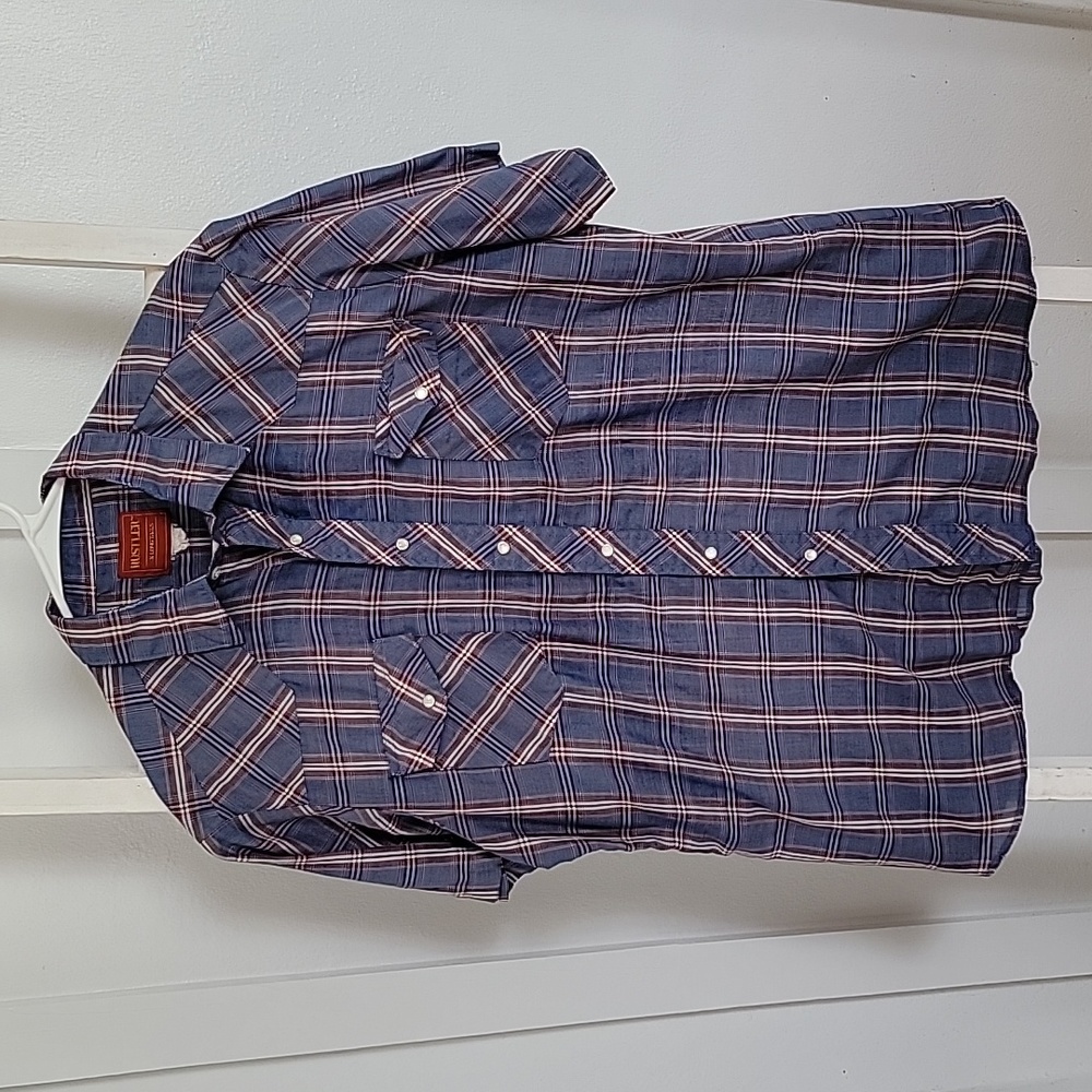 Rustler X Long Tails Men's Pearl Snap Western Shirt Plaid Lightweight Blue Red